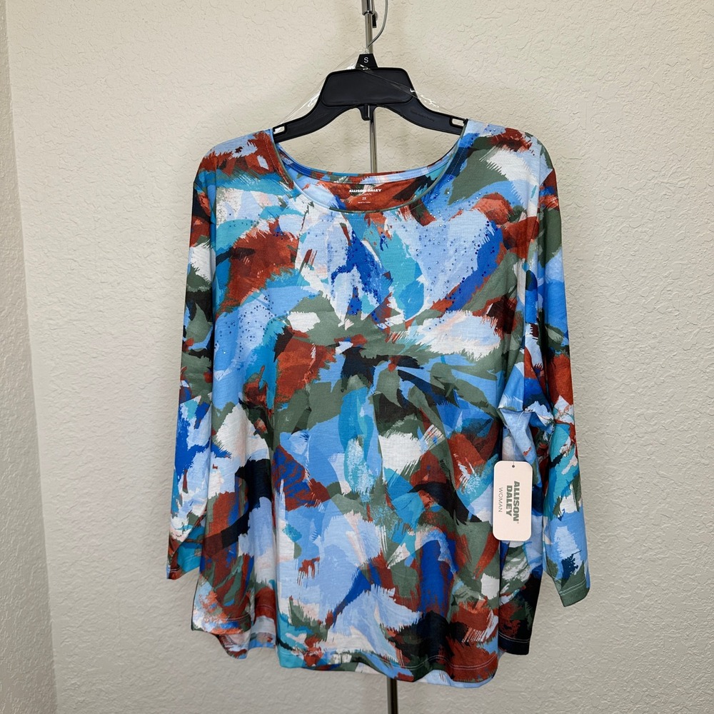 NWT Allison Daley Woman 2X Abstract Print Rhinestone Long Sleeve Top Multi Color